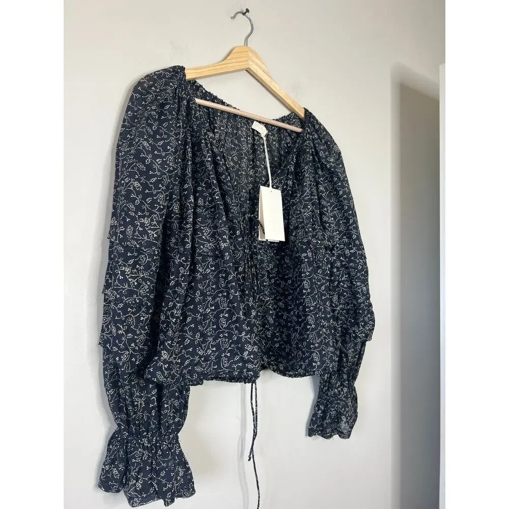 NWT Ulla Johnson Cora Puff-Sleeve Tie Layered Boat Neck Blouse Navy Blue Size: 2